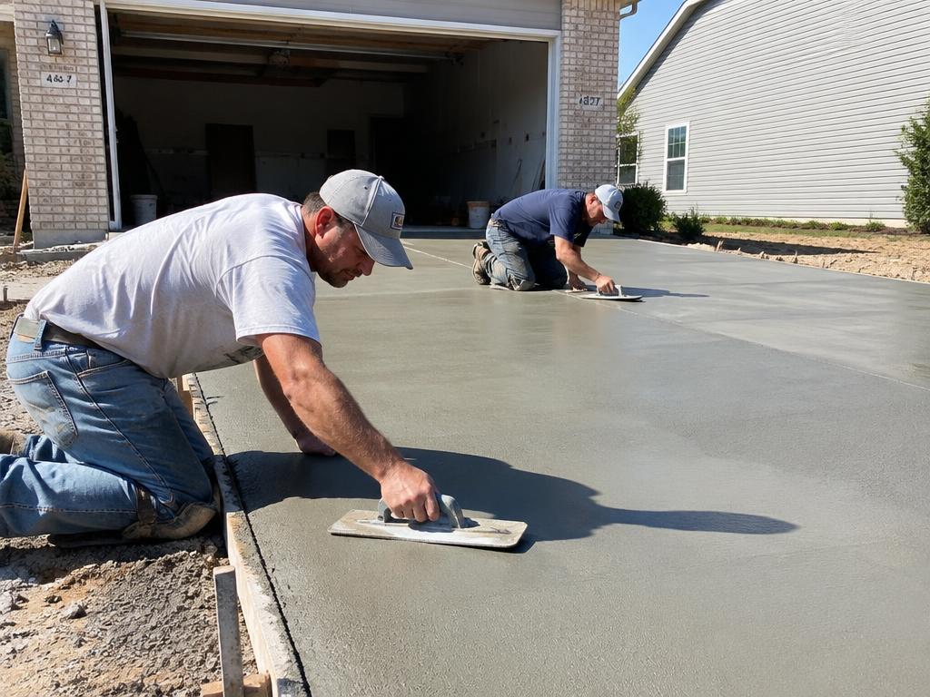 Contractors finishing a new concrete driveway