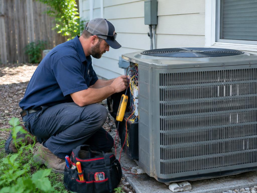 HVAC technician servicing an outdoor air conditioning unit