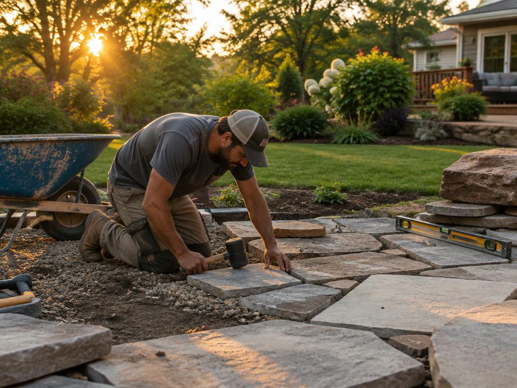 Landscaper laying a stone patio in a backyard