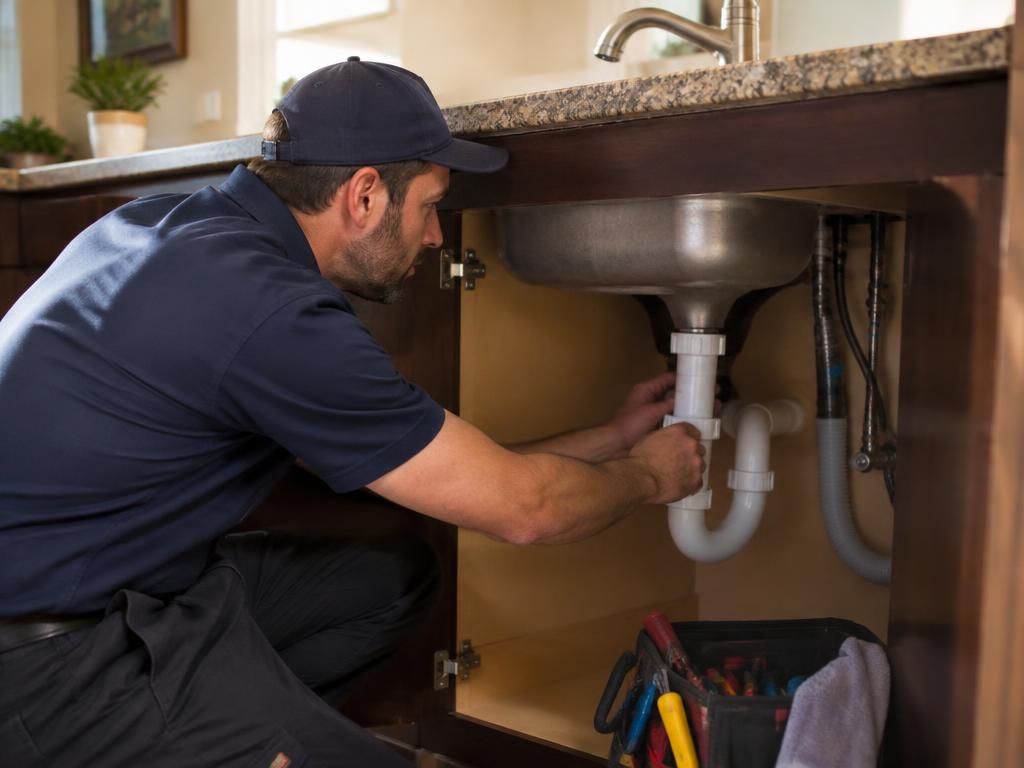 Plumber repairing pipes under a kitchen sink
