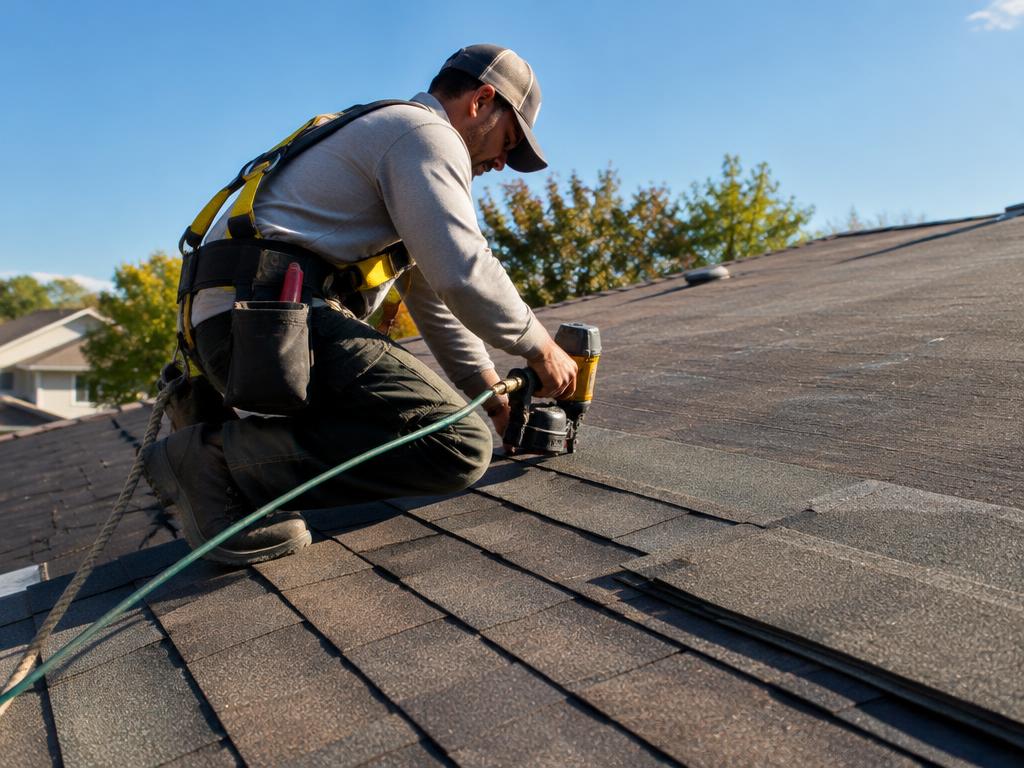 Roofer installing shingles on a residential roof